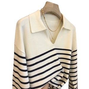 Dresses 2021 New Knitted Pullover Women Vintage Black White Stripe Long Sleeve Sweater 2021 Chic Vneck Casual Knitted Tops