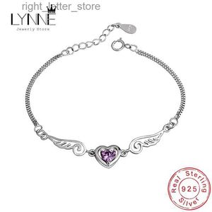 Bangle New Cute Heart Heart Shaped Angel Wing Zircon Armband 925 Sterling Silver Purple Water Diamond Cz Charm Armband Womens Fashion Smyckes Gift YQ240409