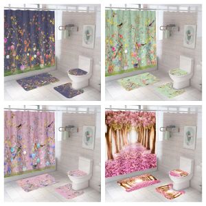 Acessórios Flores de estilo e pássaros de estilo chinês Definir cortina de cortina estampada Tampa da tampa da tampa Banho de tapete de tapete 3D Ganchos de decoração de banheiro