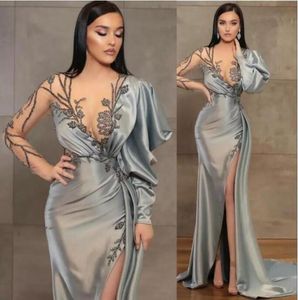 2022 Silver Sheath Long Sleeves Evening Dresses Wear Illusion Crystal Beading High Side Split Floor Length Party Dress Prom Gowns 5799802