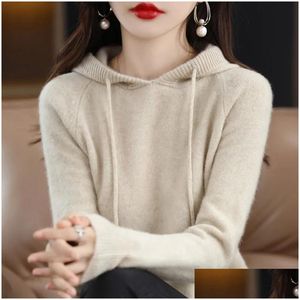 Women Sweters Yszwdblx Women Sweet Sweatk z kapturem koreański koreański luźny solidny długi rękaw swobodny jesień zima gruba ciepłe dzianinowe dro14