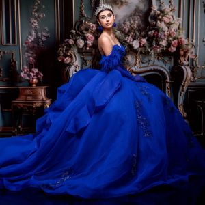 Luxury Royal Blue Quinceanera Dresses Ball Gown Sparkly Applique spetspärlor Feather Corset Princess 16 Dress Party Vestidos de 15 Anos