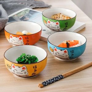 Multi-size Japanese Lucky Cat Round Ceramic Bowl Restaurant Household Bone China Salad Bowl Noodle Soup Bowl Tableware