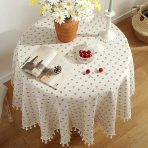 Table Cloth Europe Round Soft Thick Cotton Linen Christmas Tablecloth Simple Chrysanthemum Print Fabric Cover With Lace Tassel