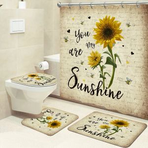 4pcs Set Doormat Shower Curtain with Non-Slip Rugs Toilet Seat Cover Bath Carpet Durable Waterproof Bathroom Home Entrance Decor