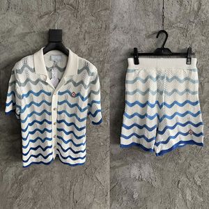 2024 Summer Men's Short sleeved Blue Arched Wave Pattern Knitted Sweater Shirt Shorts Two Piece High Quality Cotton Casual Set