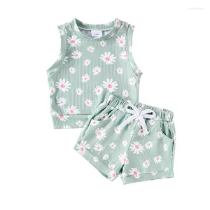 Комплект одежды для маленькой девочки цветочный короткий сет рукавиц Daisy Print Top Top Top Shorts 2pcs Летний наряд