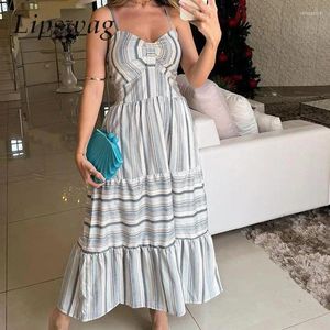 Vestidos casuais mulheres moda primavera v vestido de festa da senhora bohemia estampa listrada de verão praia sling bainha solta uma linha de longa