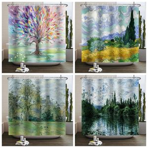 Shower Curtains Abstract Artistic Oil Painting Curtain Landscape Washable Print Pattern Bathroom Aesthetic Room Decor