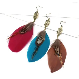 Dangle Ohrringe böhmische Stammes Rose braun blaue Feder mit Piercings für Frauen ethnischer langer Tropfen Ohren Hippie Jewellry