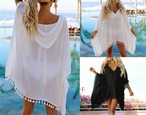 Summer Women Boho trasparente abito da spiaggia in bikini Copriata di nappa in chiffon mini con cappuccio bianco con cappuccio di sole una spiaggia di sole Black Coverup T2005179003501