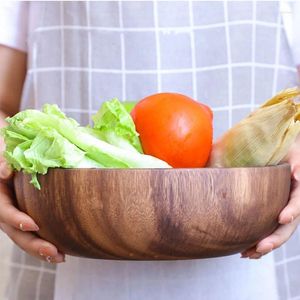 Bowls 10/14/16cm Natural Acacia Wooden Bowl Wood Grain Basin Fruit Plate Rice Ramen Salad Container Household Kitchen Tableware