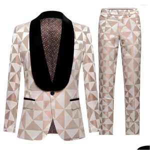 Mens Tracksuits Man Jacquard Prom Blazer för Slim Fit With Veet Shawl Lapel Male Jacket Suits Groom Tuxedo Fashion Drop Delivery Appar Dhkc0