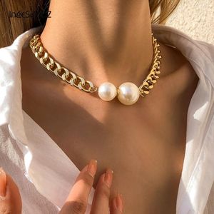 Chains IngeSight.Z Vintage Chunky Thick Curb Chain Choker Necklace For Women Punk Big Round Imitation Pearl Pendant Necklaces Jewelry