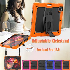 For iPad Pro 12.9 inch Case Adjustable Kickstand Tablet Cover Silicone PC Hybrid Rugged Shockproof Kids Safe Cases with Shoulder Strap+Screen Protector PET Film