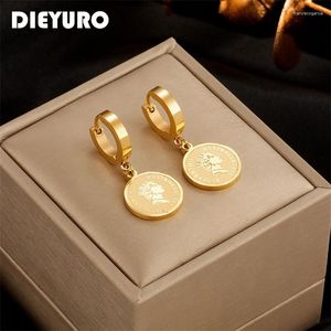 Серьги обручи Dieyuro 316L из нержавеющей стали круглая портретная монета для женщин Винтажный золотой цвет девушки для вечеринок подарки