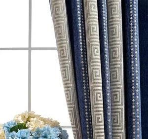 Curtain Chinese Luxury Navy Geometric Stripe Shading Curtain Chenille Curtians For Living Room Studyroom Drapes Villa Home Decorat4967382