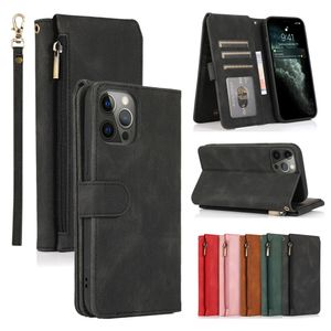 Lyxfodral för iPhone 15 14 13 12 Mini 11 Pro X Xs Max XR 6 6S 7 8 Plus SE Designer Wallet Leather Cards Holder Stand Flip Phone Väskor med Lanyard Full Covered Coque Funda