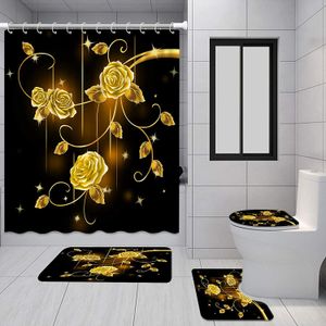 ゴールドローズブラックバスルームセット豪華なシャワーカーテン付きバスマットラグカーペット用トイレ装飾アクセサリーシャワーカーテンセット4PCS