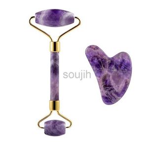 Ansiktsmassager Amethyst Massager Natural Stone Facial Roller GUA SHA TOOLS SET SPA Akupunktur Skrapning Crystal Body Face Hälsovård Massage 240409