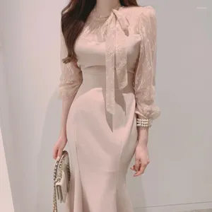 Casual Dresses 2024 Fashion Vietnam Sheer Lace Patchwork Bow Mermaid Long Luxur Designer Gown Maxi For Women Elegant