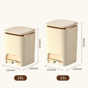 2024 10/15L Kitchen Trash Can with Lid Wastebasket with Foot Pedal Bathroom Waterproof Garbage Can and Garbage Bag Rings Gold