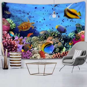 Ocean World Tapestry blu oceano pesce tropicale animali corallini arte muro ara ad arazzo per soggiorno decorazioni per dormitori domestiche