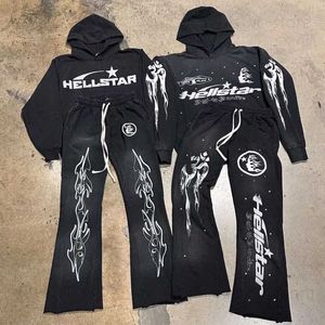 Rock Hip Hop Street Hellstar Hoodies Set Washed Flame Letter Print Hooded Pullover Män Kvinnor Överdimensionerade Hell Star Sweatshirts S-XL T0JL#