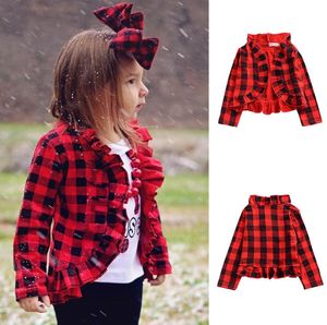 Crianças Girls Red Plaid Coat 2019 Primavera Autumn Kids Manga longa Lattice Ruffle Outwear Insp Cardigan Jackets Roupas de bebê C57058037371