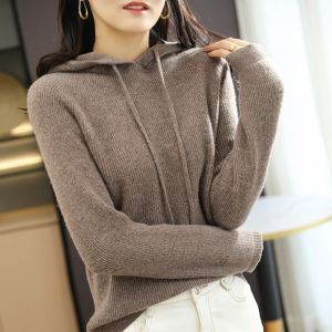 Sweatshirts Longming Women Sweater Hooded 100% Merino Wool Knit Pullover Solid Autumn Winter Warm Knitted Sweater Hoodies Jumpers Knit Tops