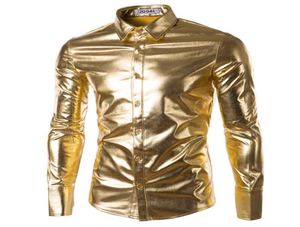 Whole Mens Trend Night Club Coated Metallic Halloween Gold Silver Button Down Shirts Party Shiny Long Sleeves Dress Shirts Fo2331207