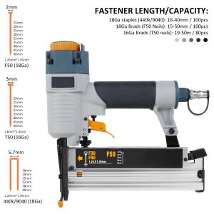 Pneumatic Nail Nail Air Nailer Carpenter Strumento T50 F50 440K 16GA/18GA AIR BRADS Bilder Umbicone per unghie per il pavimento di recinzione in legno