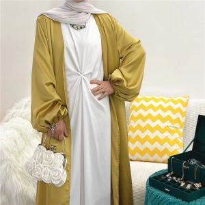 Hot Selling Puff Sleeve Cardigan Robe Elegant Colorful Satin Open Abaya Summer Arab Oman Duabi Marockan Caftan Muslim Eid Wear