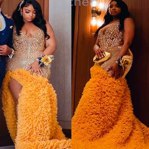 2024 ASO EBI Illusion Gold Prom Dress Beaded Crystals Luxurious Evening Formal Party Second Reception 50th Birthday Engagement Gowns Dresses Robe de Soiree ZJ318