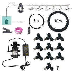 DIY Water Mist Spray Electric Diaphragm Pump Kit Garden Greenhouse Misting Cooling System 10M 10PCS Fog Nozzles Gardening Tools