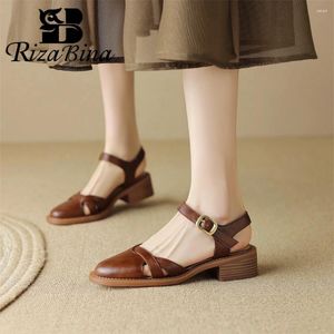 Sandals RIZABINA Size 36-41 Women Sexy Pointed Toe Real Cow Leather Thick Heel Shoes Ladies Ankle Strap Slingback Handmade