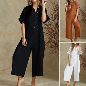 Kobiety kombinezonowe letnie kombinezon z krótkim rękawem rompery z kieszeniami wideleg workowate spodnie vintage skok garnitur Onepiece dziewczęta Playsuit 240409