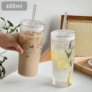 Vinglas 600 ml Glass kopp mjölkkaffe med lock och halm transparent randvattenmugg som dricker juice teddryckware