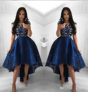 2019 New Navy Blue Cocktail Dresses A Line Crew Neck Lace High Low Prom Dress Short Party Arabic Evening Gowns Vestidos6487447