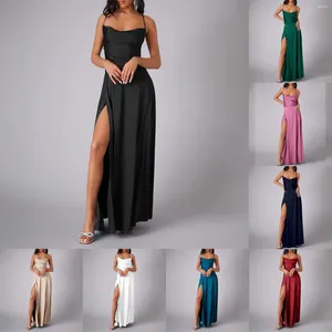 Casual Dresses Sexy Wrap Hip Split Spaghetti Strap Long Dress Women's Soft Statin High Waist Evening Party Ladies Solid Color Vestidos