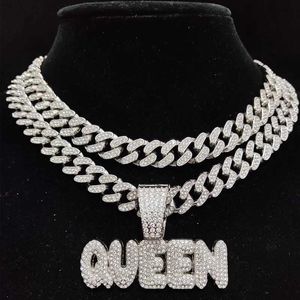 Naszyjniki wiszące mężczyźni kobiety Hip Hop Queen Letter Naszyjnik 13 mm kryształowy łańcuch kubański Hiphop lodowany bling moda biżuteria 230613
