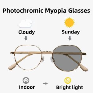 Zilead Photochromic Anti Blue Light Polygons Myopia Glasses Women Men Metal Discolored Nearsighted Eyeglasses 0-0.5-1-1.5...-6