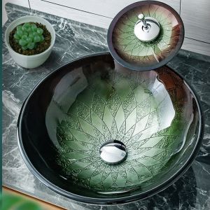 Ванная санитарная посуда стеклянную бассейн китайский стиль легкий роскошная столешница раковина 42см Круглая чаша бассейн с водопадом
