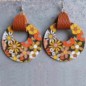 Dangle Earrings Round Sunflower Print Leather Wooden Bohemian Hanging For Women 2024 Trendy Ethnic Vintage Boho Drop Earring