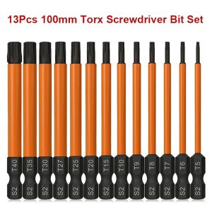 13pcs 100mm Torx Bit Set Güvenlik Torx Yıldız Bitleri 1/4 inç Hex Shank Terpon Dirençli Boyunma Bitki Manyetik Uçlu