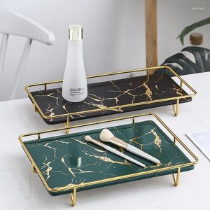 Decorative Figurines Square Trays Golden Marble Texture Ceramic Plates Skincare Storage Jewelry Display Plate Dressing Table Bathroom Tray