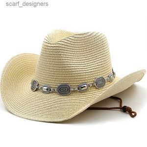 Chapéus de balde largura Chapéus de balde moda Holdada Handmade Cowboy Straw Hat Womens mens de verão Chapéus de praia unissex sólidos Cap Jazz Y240409