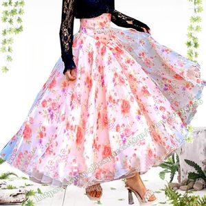 Skirts Korean Fashion Organza Pink Roses Floral High Waisted Fluffy Tutu Long Skirt For Womens Chic And Elegant Woman 2024