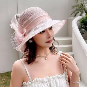 Summer Organza Sun Hat For Women Elegant Flower Church Fascinator Lady Tea Party Wide Brim Antiuv Beach HAT240409