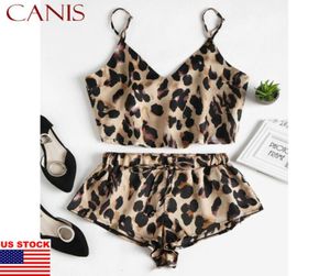 2020 Nya sexiga damer 2 st kvinnor leopard stil sommar satin spets sömnkläder kostym babydoll underkläder nattdress pajamas set2101401